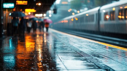 A train station platform on a rainy day, with commuters waiting under umbrellas.