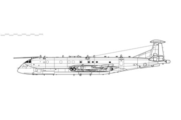 Hawker Siddeley Nimrod R1. Signals intelligence and reconnaissance aircraft. Side view. Image for illustration and infographics. © Alex