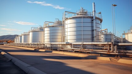 Obraz premium Row of storage tanks under blue sky