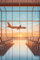 Modern airport lounge with panoramic windows and airplane taking off at sunset.