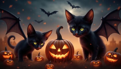 Halloween banner featuring a cute blak cats Halloween attributes, small pumpkins on orange and black background