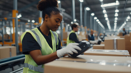 Female warehouse worker scanning boxes on conveyor belt