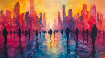 Cityscape Illustration with Silhouettes of People Walking