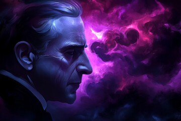 Man in a suit surrounded by purple mist evoking a mysterious sci fi atmosphere and representing the intersection of human presence and unknown cosmic forces