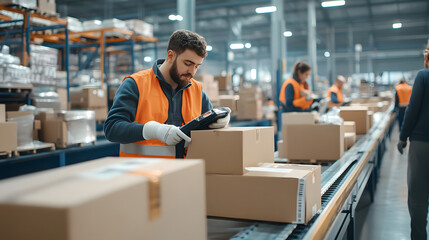 Warehouse worker in orange vest checking logistics