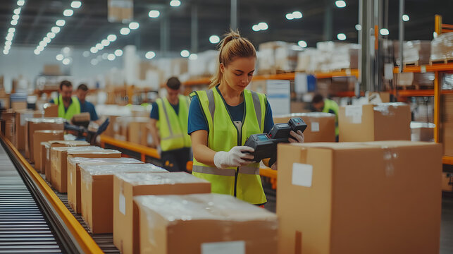 Warehouse staff using technology to process parcels