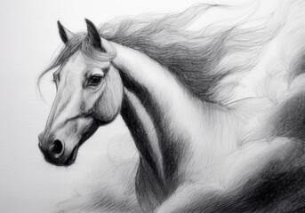 黒い鉛筆で描いた馬の頭部