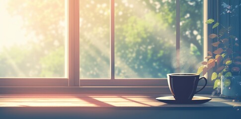 A Cup of Coffee by the Window with Warm Sunlight Streaming Through the Glass