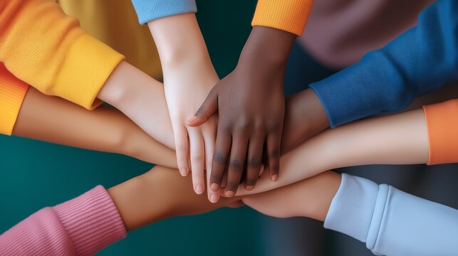 Diverse hands coming together in unity and teamwork. Symbol of collaboration and support.