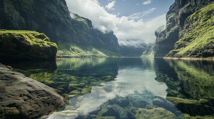 An untouched high mountain lagoon with transparent waters, surrounded by dense pine trees and rocky cliffs. The sky is overcast, adding a moody feel to the scene.