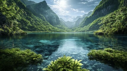 An untouched high mountain lagoon with transparent waters, surrounded by dense pine trees and rocky cliffs. The sky is overcast, adding a moody feel to the scene.