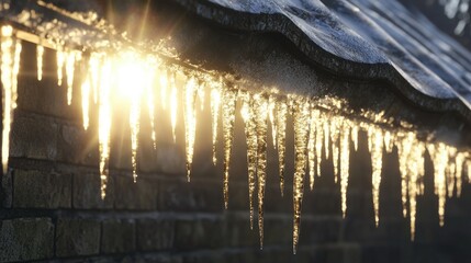 Obraz premium Icicles hanging from the edge of a roof, with the sunlight glistening on the frozen water.