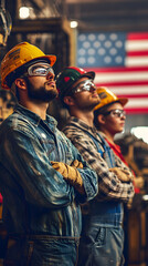 Fototapeta premium Line of workers in protective gear in front of flag.
