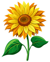 Naklejka premium A vibrant and radiant sunflower, petals of golden yellow radiating outwards, a detailed and textured brown center, lush green leaves and stem, realistic rendering, photographic quality.