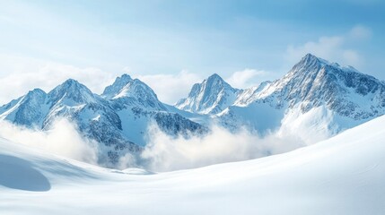 Snow-covered mountain peaks under a clear blue sky, with fresh powder waiting to be explored.