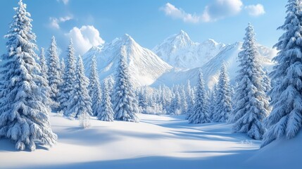 Naklejka premium Snow-covered pine trees with a mountain range in the background, creating a scenic winter landscape.