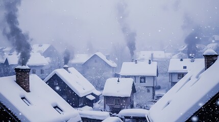 Snow-covered rooftops in a small village, with smoke rising from chimneys and a peaceful winter atmosphere. -