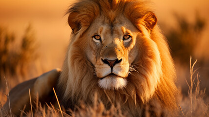 Fototapeta premium Majestic lion resting in the golden savanna, illuminated by the warm sunlight.
