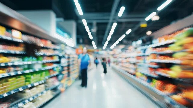 Blurred crowded grocery store features shoppers exploring aisles stacked with fresh fruits, vegetables, and various packaged items