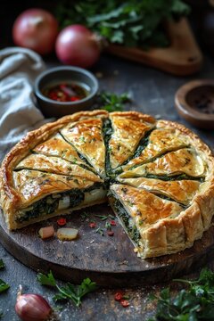 Poljički soparnik: A savory pie filled with Swiss chard, onions, and parsley, drizzled with olive oil, from the Poljica region.