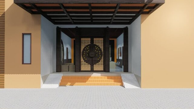 3D slow-motion animation of a grand woven wooden entrance door opening to a cream-orange painted building with tiled ground and floors, showcasing the detailed textures and architectural design
