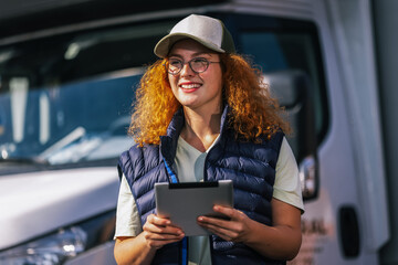 Ginger woman truck driver standing in front of her truck with a tablet. Transport industry theme.