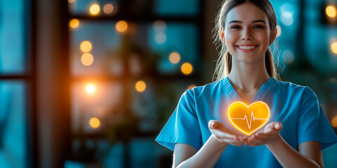 Compassionate female nurse holding heart symbol with electrocardiogram line. Cardiac care concept.