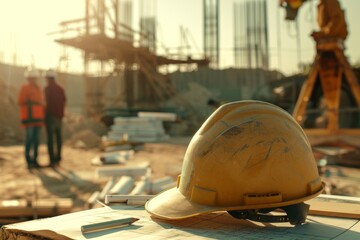 construction helmet and blueprints on a table, in background workers discussing at a construction site,