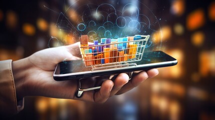 A close-up of a hand holding a smartphone displaying an e-commerce platform, surrounded by digital interface elements like shopping carts,