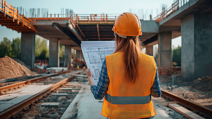 Back view of female pofessional engineer analyzing blueprint at construction site. Civil engineer inspecting blueprint at infrastructure development.