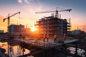A construction site at sunset with workers in hard hats and safety vests, operating heavy machinery like cranes and excavators.