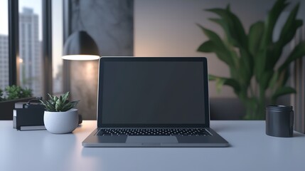Fototapeta premium Modern laptop on desk with city view