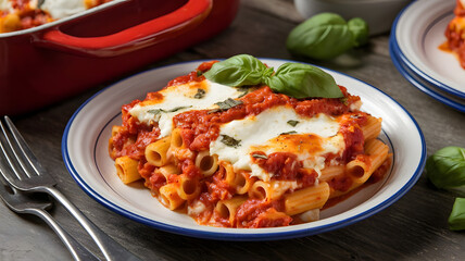 A serving of baked ziti with a blend of ricotta, mozzarella, and marinara sauce, topped with fresh basil and baked until bubbly.  