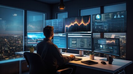 A digital marketer working on a desktop computer with multiple screens, each displaying analytics,