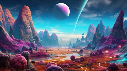 A futuristic 3D scene of alien planets with unique terrains and vibrant colors in a cosmic landscape