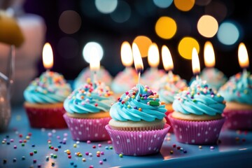 A group of birthday cupcakes arranged on a platter, each with different frosting colors and candle shapes, on a party table