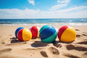 A group of colorful beach balls scattered on a sandy shore with the ocean in the background