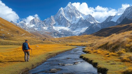 Obraz premium Hiker walking by river in high altitude mountain valley