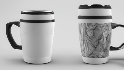 Two stylish thermal mugs, light background
