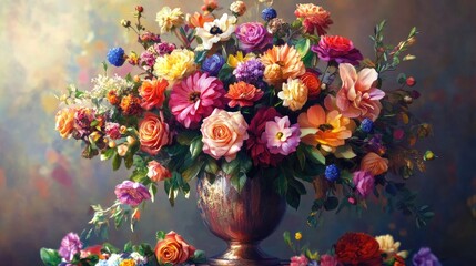 Vibrant floral arrangement in a big elegant vase, with a mix of colorful blooms, set against a realistic background for a luxurious aesthetic