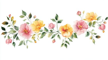 This charming watercolor floral design showcases a stunning array of vibrant blooms paired with lush green foliage