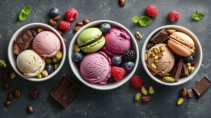 Gourmet summertime treat presented in wide-angle banner bowls: handmade or craft ice cream flavored with chocolate, coffee beans, macaroons, pistachio nuts, and fresh berries