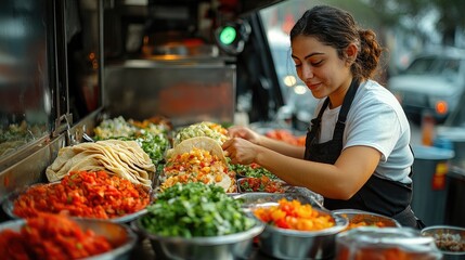 Obraz premium Street food vendor preparing tacos in food truck