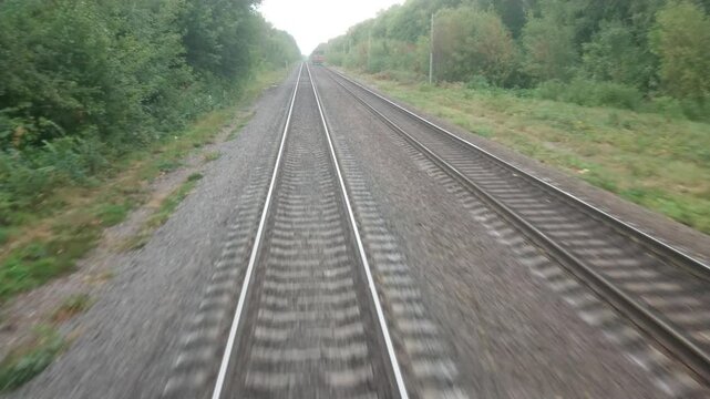 Shooting from the last carriage of the train. Railway track, forest, sky. Autumn day.