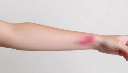 A close-up view of a bruised arm against a white background, capturing the raw details and colors of the injury, emphasizing the concept of bruised skin.