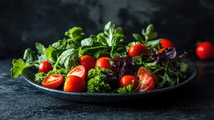 A vibrant plate filled with fresh vegetables and herbs, beautifully arranged against a dark background for a striking, gourmet display.