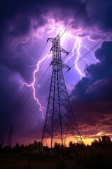 Lightning storm illuminating the sky over power lines at sunset