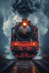 Obraz premium Old vintage steam locomotive is approaching on railway in dramatic scenery