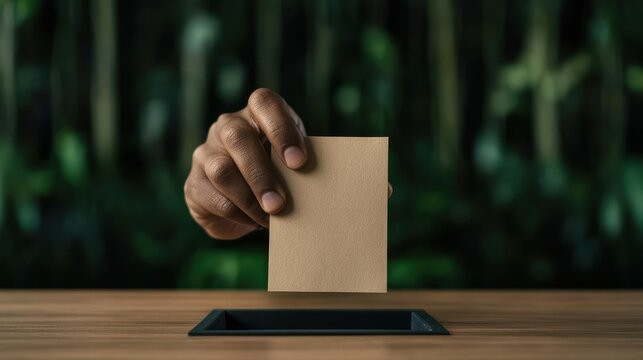 A close-up of a hand inserting a card into a ballot box, representing elections, civic responsibility, and participation in democracy, with a green backdrop.