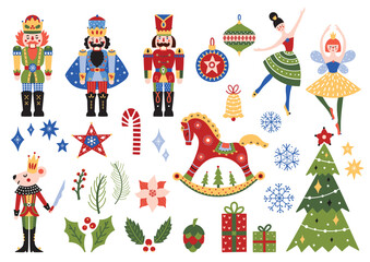 Christmas set with Nutcracker, baljerina and festive symbols and design elements. Perfect for posters, postcard, invite, wall art, banner, card, cover. Transparent background.